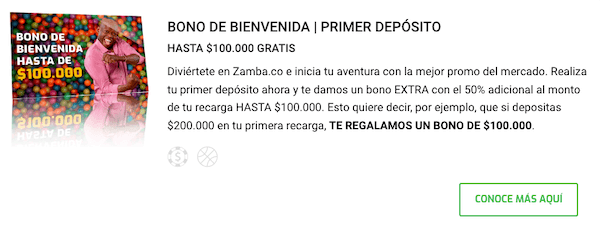 Bono de bienvenida de Zamba Colombia - hasta $100.000