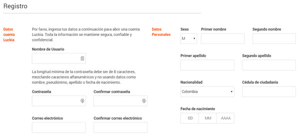 Luckia apuestas deportivas en Colombia - Formulario de registro