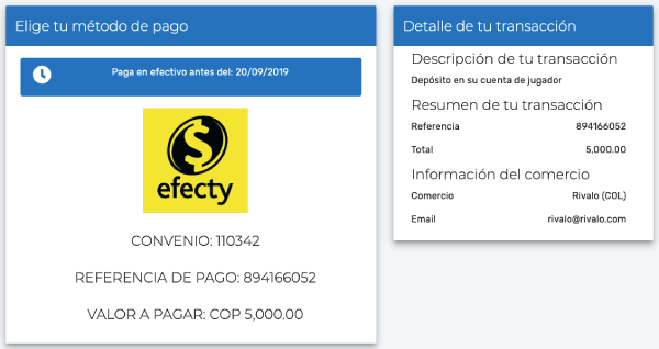 Efecty Colombia Orden de Pago Casa de Apuestas Rivalo