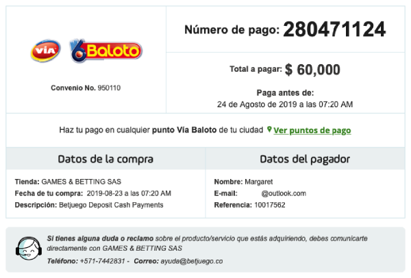 Via Baloto Colombia Orden de Pago Casa de Apuestas BetJuego