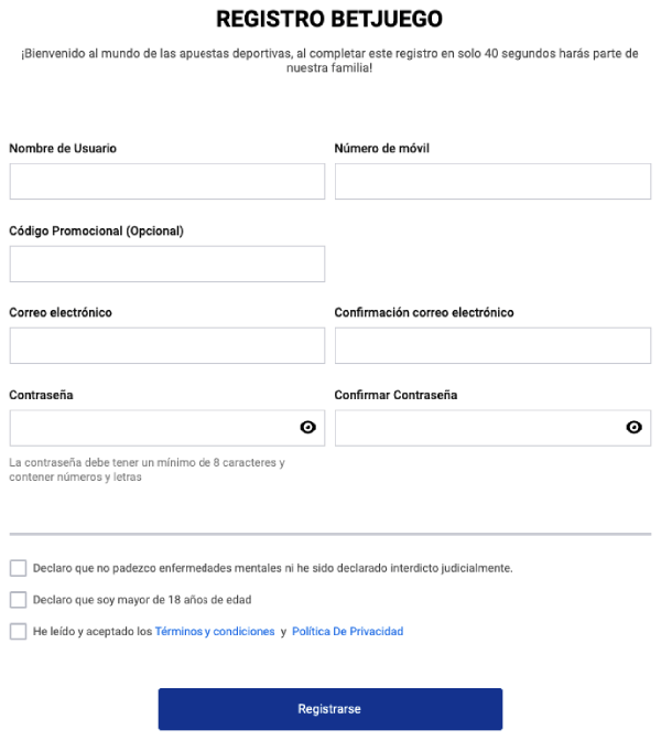 Registrarse en Betjuego Colombia - Formulario de Registro