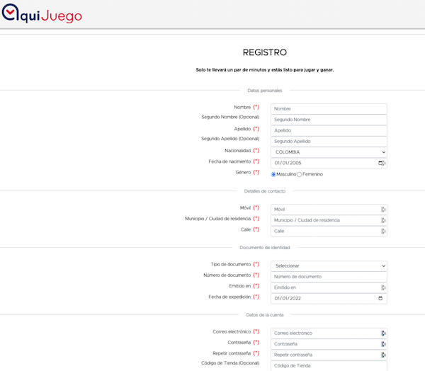 Pantalla de Registro AquiJuego Colombia