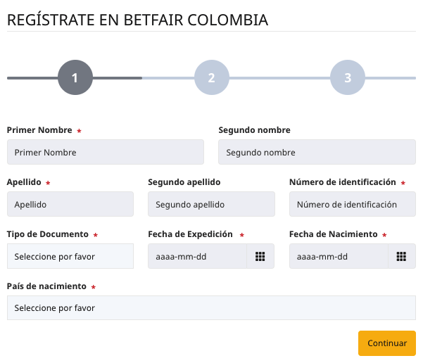 Betfair Colombia - Formulario Registro
