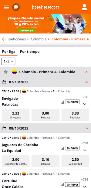 Versión Móvil Betsson Colombia - Apuestas Deportivas