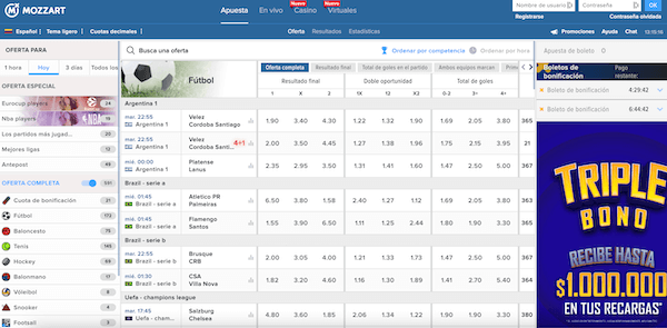 Análisis y opinión de Mozzartbet Colombia - pantalla de inicio de apuestas deportivas