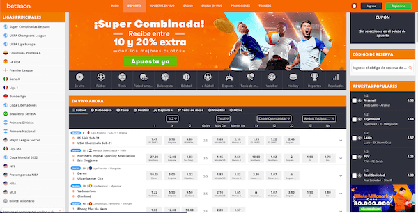 Pantalla principal de apuestas en Betsson Colombia - Análisis de la casas de apuestas