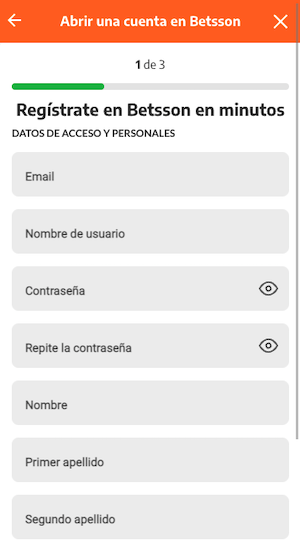 Pantalla de registro de Betsson Colombia - versión móvil
