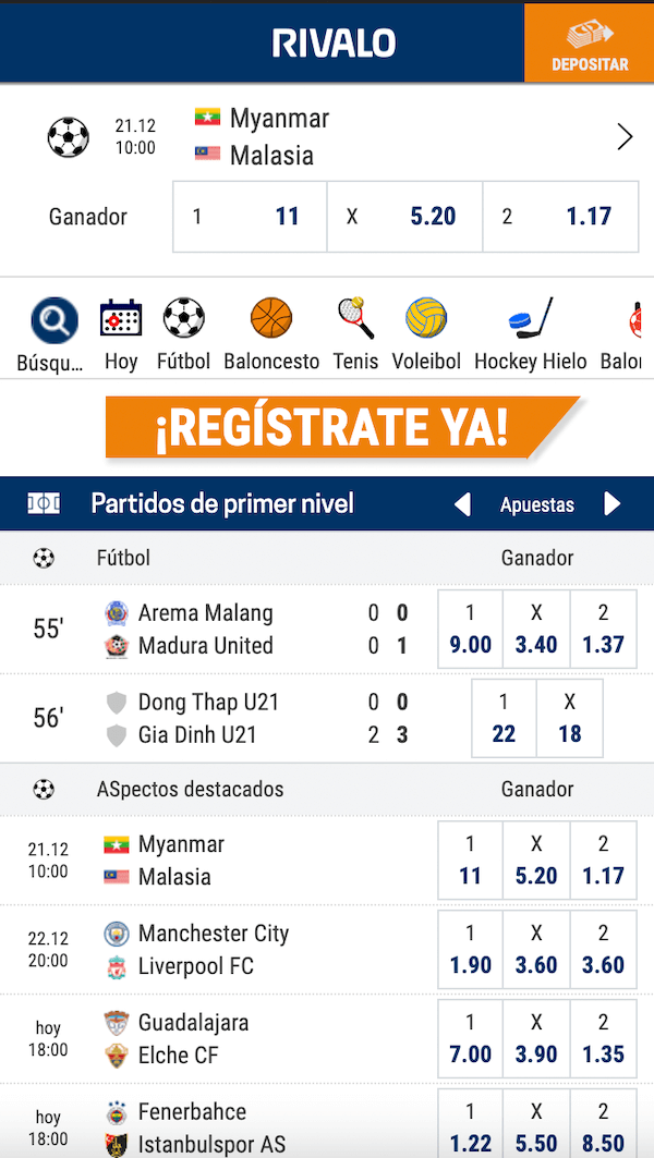 Rivalo APK - Pantallazo deportes móvil Rivalo Android