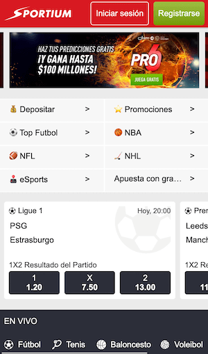 Sportium App Colombia - Pantalla apuestas Sportium