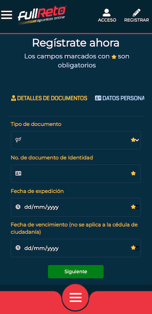 Fullreto Colombia - Pantalla móvil de registro