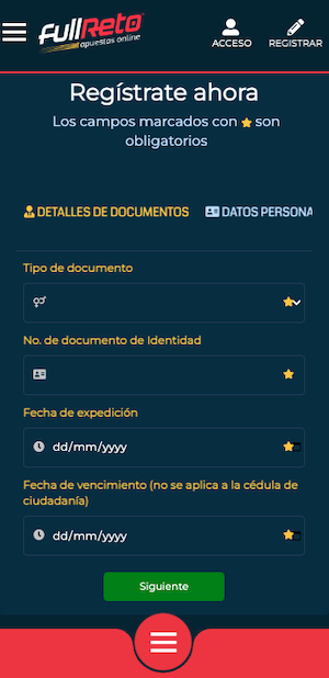 Fullreto Colombia - Pantalla movil de registro