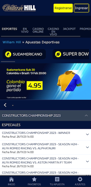 Oferta de apuestas en la Fórmula 1 de William Hill Colombia