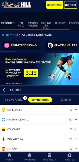 William Hill App - mercados de fútbol