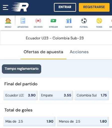 ecuador sub23 vs colombia sub23 en rushbet