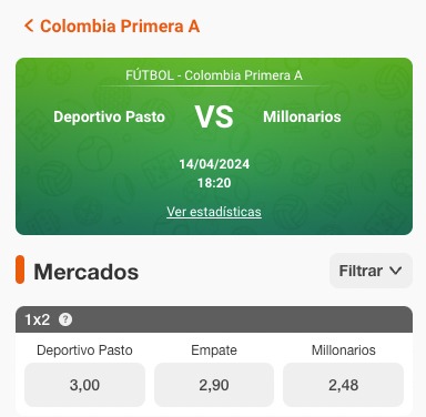 deportivo pasto vs millonarios apuestas